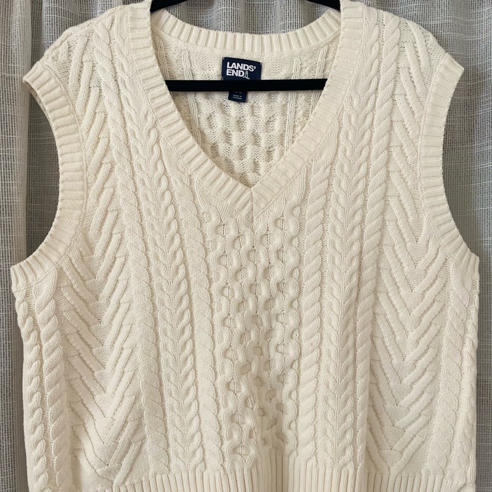 Lands' End Women's V-Neck Cable Knit Sweater Vest - Cream